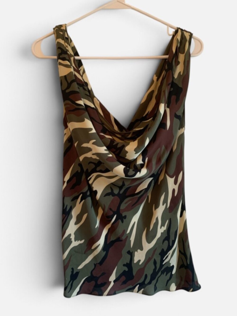 Camo print silk drape neck top, size M